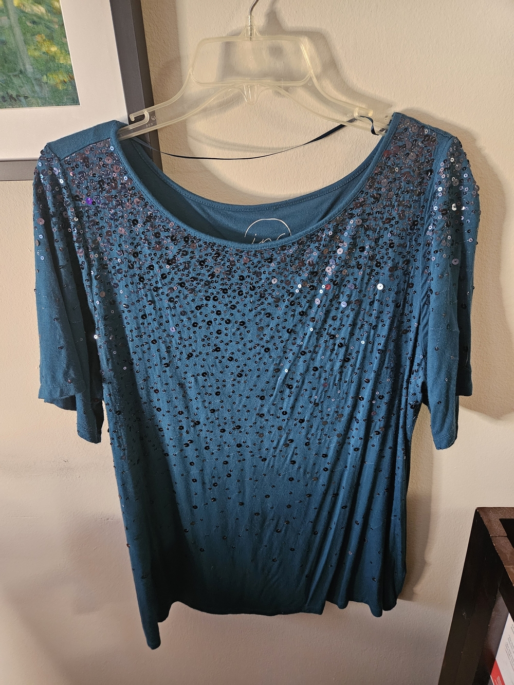 INC International Concepts Teal Sequin Short-Sleeve Top
